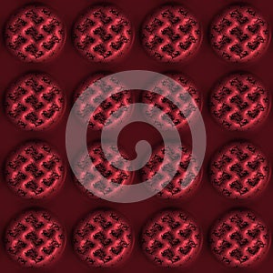 Red metal effect decorative oriental texture. Seamless engraved oxidised 3d circle motif pattern. Ornamental all over
