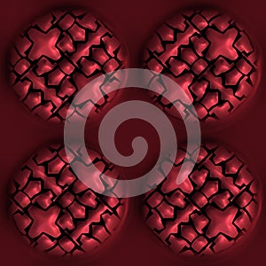 Red metal effect decorative oriental texture. Seamless engraved oxidised 3d circle motif pattern. Ornamental all over