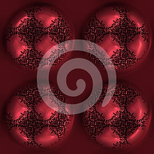 Red metal effect decorative oriental texture. Seamless engraved oxidised 3d circle motif pattern. Ornamental all over