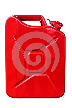 Red metal fuel tank for transporting and storing petrol on white