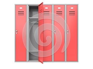 Red metal gym lockers with one open door