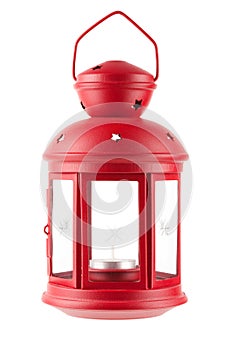 Red metal lamp with candle