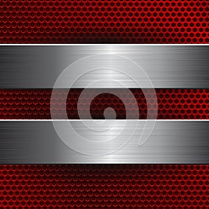 Red metal perforated background with brushed steel plates