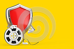 Red Metal Protection Shield Character Mascot with Film Reel Cinema Tape. 3d Rendering