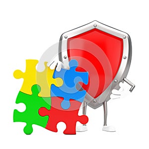 Red Metal Protection Shield Person Character Mascot with Four Pieces of Colorful Jigsaw Puzzle. 3d Rendering