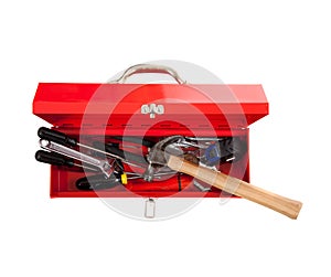 Red metal tool box with tools on white