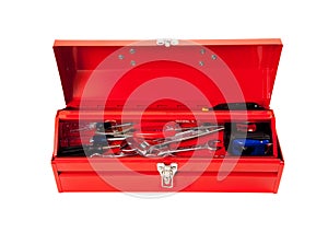 Red metal tool box with tools on white