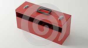 Red metal toolbox with a rectangular shape, featuring a black handle on top for easy