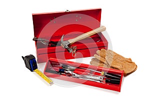 Red Metal Toolbox with tools photo