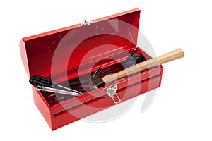 Red metal toolbox with tools