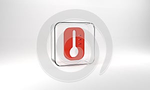 Red Meteorology thermometer measuring heat and cold icon isolated on grey background. Thermometer equipment showing hot