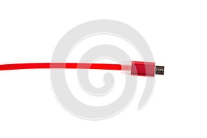 Red micro usb connector cable on white isolated background. Horizontal frame