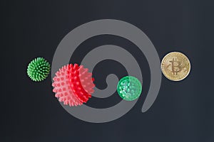 Red microbe molecule of the coronavirus virus vs Bitcoin coin.