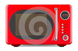 Red microwave oven, retro design. Front view, 3D rendering