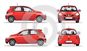 Red mini car side, front and back view, flat style. Template for web site, mobile application and advertising banner