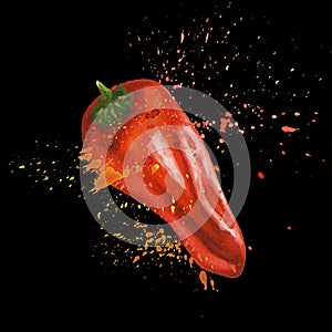 Red mini pepper with splashes isolated on black