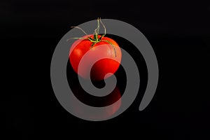 Red mini tomato on black reflective studio background.