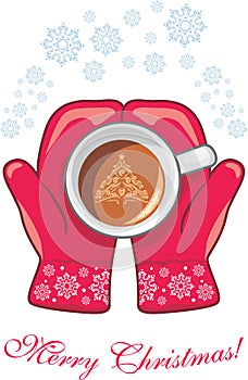 Red mittens with a coffee cup