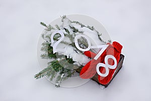 Red mittens, paper numbers and green fir tree branches in wooden decorative box on snow.