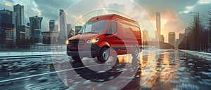Red modern delivery small shipment cargo courier van moving fast on motorway road to city
