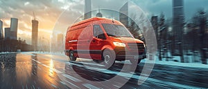 Red modern delivery small shipment cargo courier van moving fast on motorway road to city