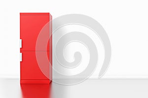 Red modern fridge in empty white room. Empty interior design