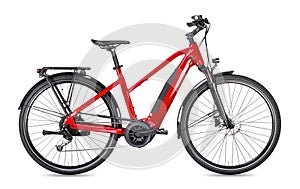 Red modern mid drive motor city touring or trekking e bike pedelec with electric engine middle mount. battery powered ebike