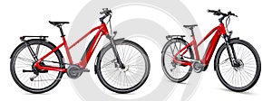 Red modern mid drive motor city touring or trekking e bike pedelec with electric engine middle mount. battery powered ebike