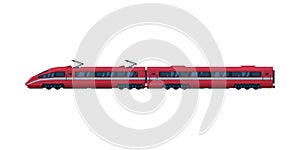 Red Modern Railway Locomotive and Passenger Wagon, Railroad Transportation Flat Vector Illustration on White Background