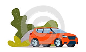 Red modern Suv car, side view. Green bushes on the background. Vector illustration