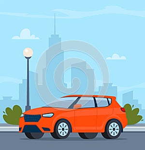 Red modern Suv car, side view. Modern urban landscape with high-rise buildings skyscrapers on background. Vector illustration