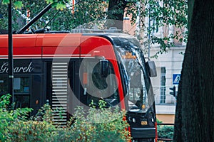 Red modern tram in Bytom, Poland