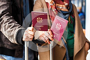Red Moldavian biometric passport id to travel the Europe without visas. Modern passport with electronic chip let Moldavians travel