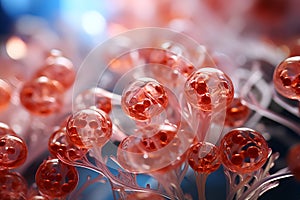 Red molecules. Virus background. Template with viruses for medical recognition