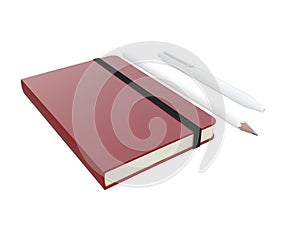 Red moleskine or notebook with pen and pencil and a black strap front or top view isolated on a white background 3d rendering photo