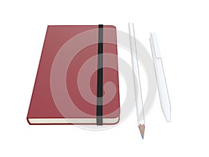 Red moleskine or notebook with pen and pencil and a black strap front or top view isolated on a white background 3d rendering photo