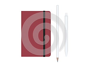 Red moleskine or notebook with pen and pencil and a black strap front or top view isolated on a white background 3d rendering photo