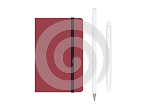 Red moleskine with pen and pencil and a black strap front or top view isolated on a white background 3d rendering photo