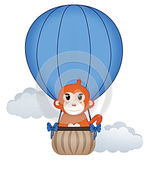 Red Monkey Flying in Blue Hot Air Balloon Illustration Isolated on White with Clipping Path