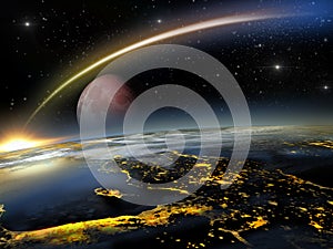 Red moon and asteroid hitting Earth