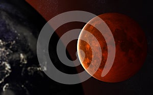 Red Moon behind the planet Earth. Solar system. Elements of the image are furnished by NASA