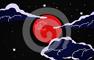 Red Moon And Clouds With Dark Starry Sky.