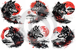 Red Moon Scenery. Pack of Japanese Wolves in Nocturnal Harmony