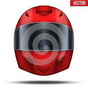 Red motor racing helmet with glass visor. photo