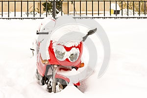 Red Motorcycle Covered Snow