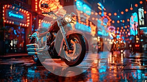 Red Motorcycle Parked on Wet City Street