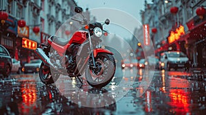 Red Motorcycle Parked on Wet Street