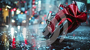 Red Motorcycle Parked on Wet Street