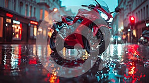 Red Motorcycle Parked on Wet Street