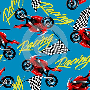 Red motorcycle racing with checkered flag seamless pattern